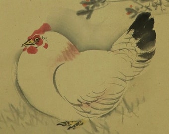 Antique Japanese Wall Decor,Wall Art,Bird and Flower Painting,Chicken Painting,Japanese Kakemono Scroll,Hanging Scroll Painting,R63271