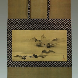 Antique Japanese Wall Hanging Decor,Wall Decor,Wall Art,Japanese Painting,Ink Landscape Painting,Kakemono Hanging Scroll Painting,R6641