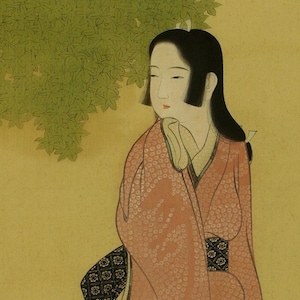 May include: A painting on a scroll depicting a figure with long black hair wearing a pink kimono with a white circular pattern and a black patterned obi. The figure holds a small folding fan, standing beneath a branch with green maple leaves.