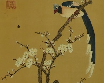 Vintage Antique Japanese Wall Hanging Scroll, Bird and Flowers Silk Painting Asian Interior Decor Art Style Kakemono Kakejiku R71009
