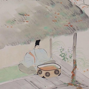 May include: A traditional Japanese painting depicting a person sitting under a thatched roof with a pine tree and red flowers in the background. The person is wearing a blue robe and holding a small, round object. The painting is done in a light, delicate style with soft colours.