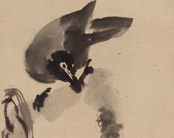 江戸時代の禅画、黒鳥の墨絵が描かれた日本のアンティーク掛け軸
