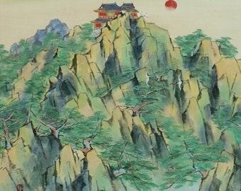 Vintage Japanese Wall Decor,Wall Art,Japanese Art,Asian Wall Decor,Mountain Retreat,Japanese Kakejiku,Landscape,Asian Interior Decor,R603182