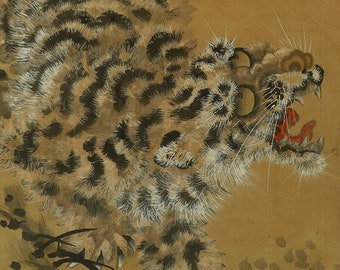 Antique Wall Decor Hanging Scroll Tiger Painting,Neko Tora Tiger,Japanese Tiger scroll,Kishi School Painting,Japanese Kakemono Scroll,R50516