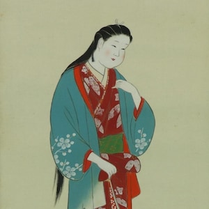 May include: A woman in a traditional Japanese kimono with a blue outer layer and a red and white patterned inner layer. The kimono is decorated with floral designs and the woman is holding a fan.