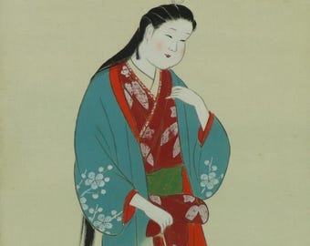 Vintage Japanese Wall Hanging Decor,Wall Decor,Bijinga,Beauty in Kimono,Beautiful Woman Painting,Wall Decor Art,Kakejiku Scroll,R7351
