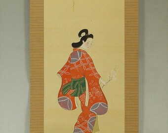 ヴィンテージ日本壁掛け装飾、壁飾り、美人画、着物姿の美女、美しい