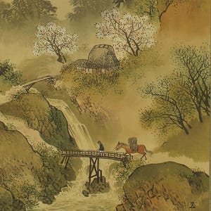 Vintage japanische Wandbehang Dekor, Wanddekor, Landschaft, Frühlingslandschaft Kirschblüten, japanische hängende Schule Malerei, Kakejiku, R7693