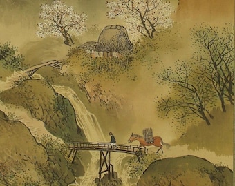 掛軸 川合玉堂 溪村春雨 木箱 紙箱 工芸 A-1 川合玉堂作「岳水春雨」日本美術掛軸、限定13/480、絹本刷り、箱付