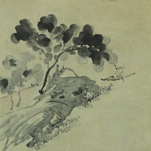 Antique Wall Hanging Decor,Hanging Scroll,Wall Art,Landscape Painting,Moutain Retreat,Antique Painting,Japanese Kakemono Scroll Art,R610161