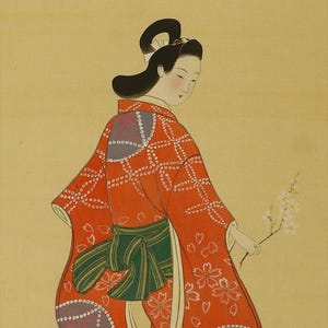 Vintage Japanese Wall Hanging Decor,Wall Decor,Bijinga,Beauty in Kimono,Beautiful Woman Painting,Wall Decor Art,Kakejiku,Kakemono,R77291