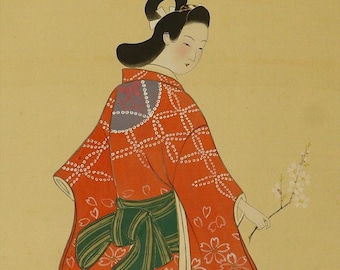 ヴィンテージ日本壁掛け装飾、壁飾り、美人画、着物姿の美女、美しい