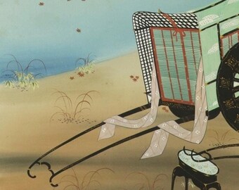 ヴィンテージ 日本製シルク 掛け軸 絵画 王家の牛車と大きな松の木