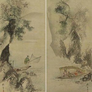 PAIR Antique Japanese Wall Hanging Decor,wall Painting,landscape