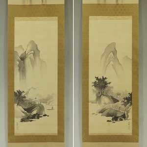 PAIR Vintage Japanese Wall Hanging Decor,Hanging Scroll Painting,Japanese Kakemono Scroll Painting,Landscape Scroll Painting,Kakejiku,R61227