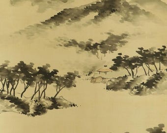 Large Antique Japanese Hanging Scroll Painting, Ink Landscape, Sumi-e Mountain Art Asian Wall Decor Kakejiku Kakemono R710103