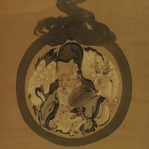 May include: An Asian-style painting featuring an elderly man with a long white beard, wearing a dark hat and robes, holding a fan. The man is surrounded by a crane and a deer within a circular frame, with a dark, swirling brushstroke above.