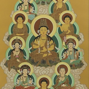 May include: A vertical painting featuring multiple seated figures with halos, arranged in a pyramid shape. The figures are depicted in traditional Asian attire, with detailed facial features and ornate headwear. The background is a solid gold color.