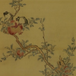 May include: A traditional Japanese painting on silk depicting a pomegranate tree with birds and flowers. The painting is done in shades of brown, red, and green on a light yellow background.