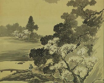 日本の掛軸 風景画 春君作 水辺の桜並木 | Yukari.Tanemura ｜インテリア絵画 アートの専門通販