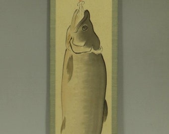 Vintage Hanging Scroll Painting Salmon Japanese Art Kakejiku Kakemono Nihonga Art Asian Wall Decor R504051