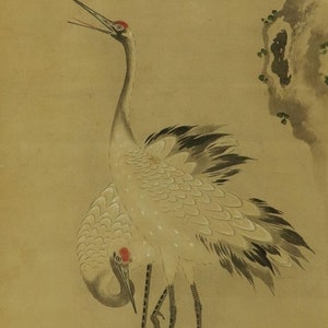予約済み：アンティーク日本壁掛け装飾、掛け軸絵画、鶴の絵、鶴の