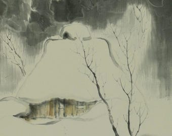 掛け軸 - アンティーク 和風 カラス 墨絵 掛軸 (70.5 インチ/179 cm