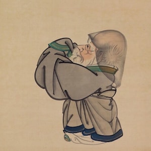 Antique Japanese Wall Hanging Scroll Painting,Kakejiku Scroll,Kakemono,Wall Art,Jurōjin Gama Deity of Good Luck,Lucky God,Japanese Art,R6863