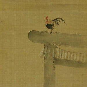 Antique Hanging Scroll Painting,Kakejiku,Kakemono Scroll Painting,Bird on the Torii Gate,Shrine,Rooster,Good Omen Painting,Bird Art,R506263
