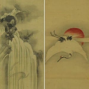 May include: A pair of traditional Japanese paintings on silk scrolls. The left scroll depicts a waterfall cascading down a mountainside, while the right scroll features a white crane flying against a red sun and waves.