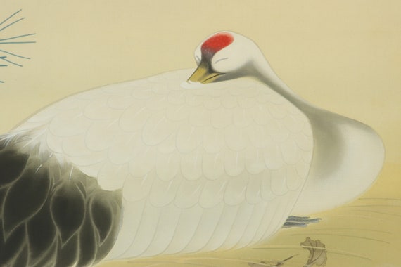 日本の掛け軸絵画、鶴、鶴の巣作り、鶴の絵、掛け軸、美しい鳥の絵