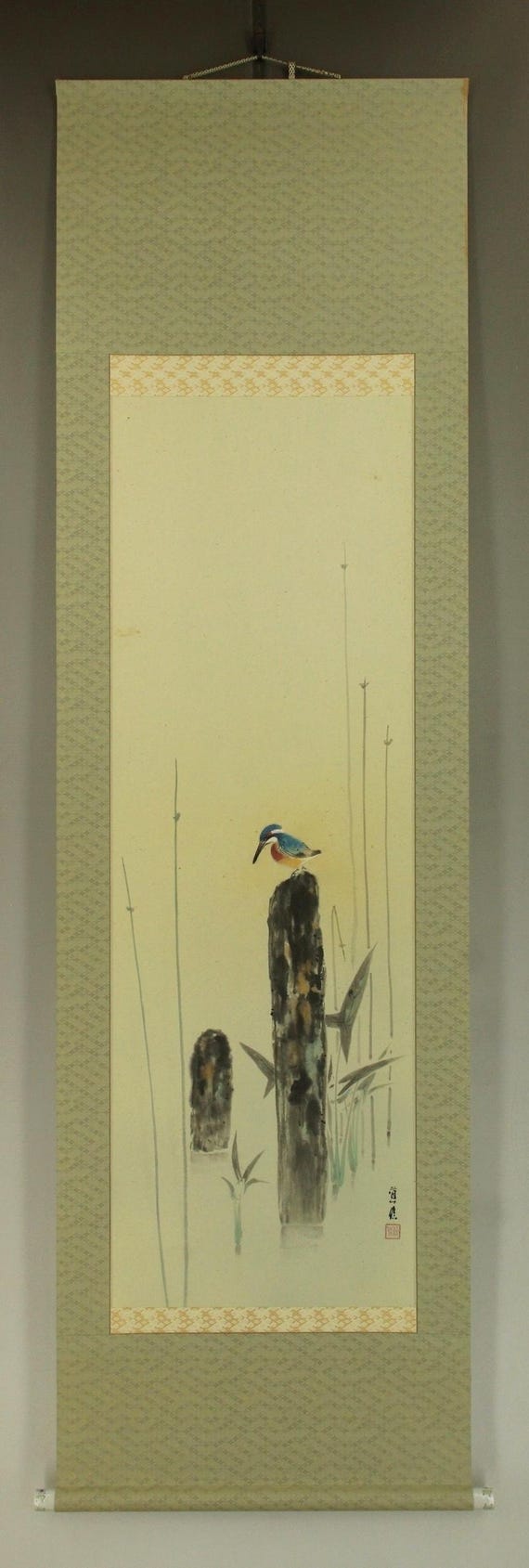 Vintage Japanese Hanging Scroll Kingfisher Painting Bird Art Asian