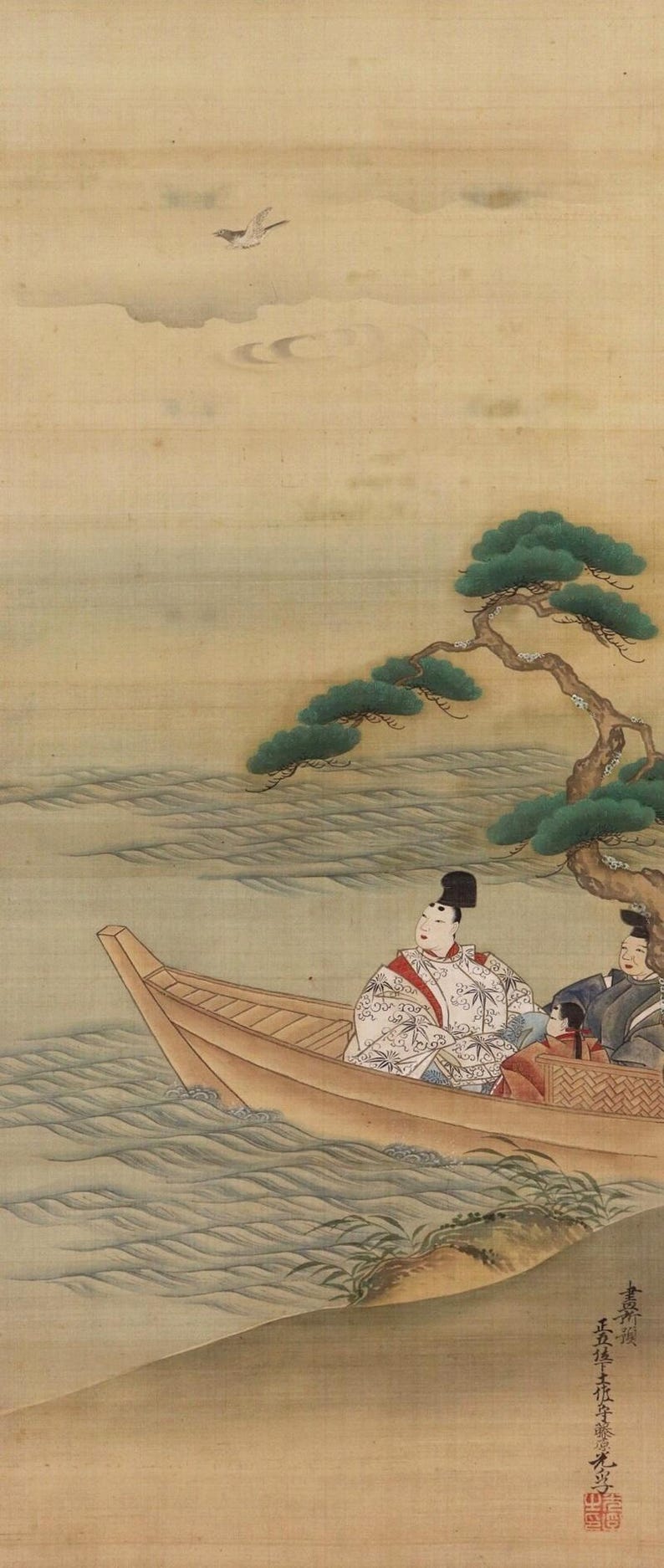 May include: Japanese painting depicting figures in a boat on water, with a tree and a bird in the background. The figures are dressed in traditional clothing. The artwork has a vintage aesthetic.