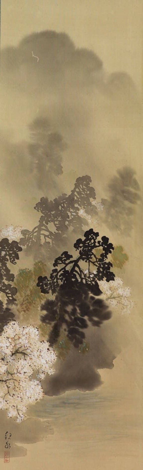 美術品・アンティーク・コレクション 日本の掛軸 風景画 春君作