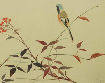 Vintage Japanese Hanging Scroll painting Bird and Flower Nandina Bird in Heavenly Bamboo Silk Painting Japanese Art　