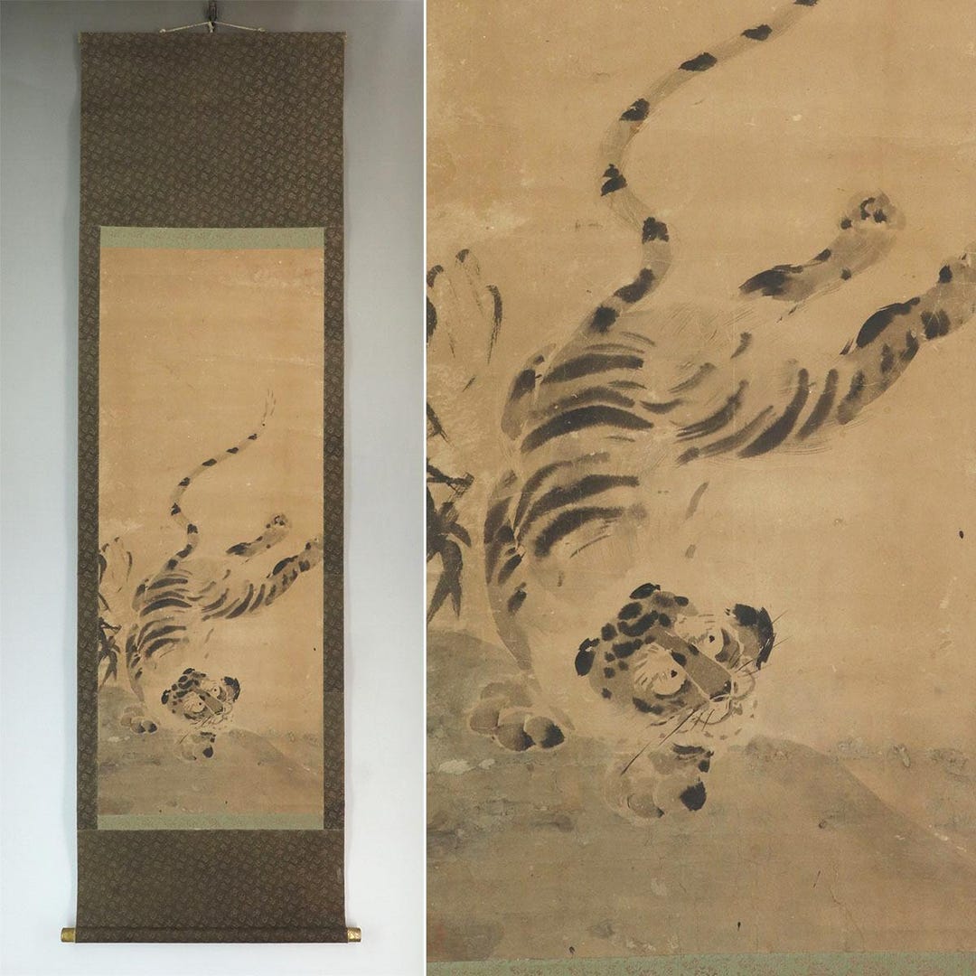アンティーク＊掛け軸 アンティークの虎の絵、日本の掛け軸絵画、猫とら虎の掛け軸、江戸時代