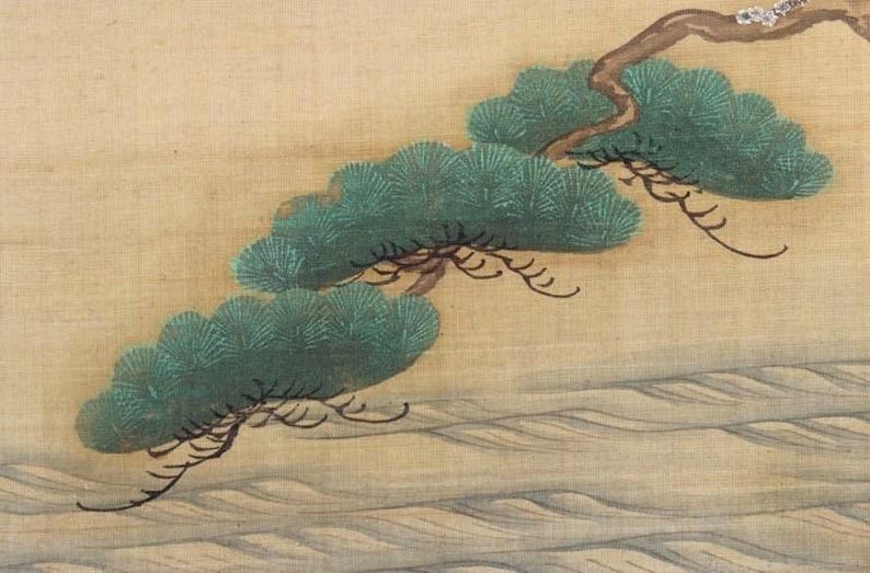 May include: An artistic painting featuring a detailed depiction of a pine tree branch with green needles and a brown trunk. The background is a light beige color with subtle wave-like patterns.