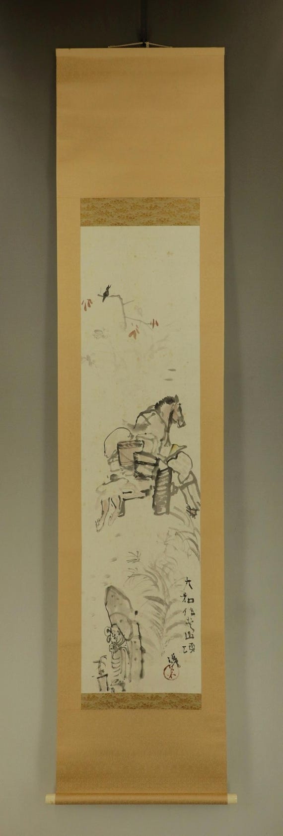 Vintage Japanese Scroll Painting, Ink Landscape of Mount Shigi
