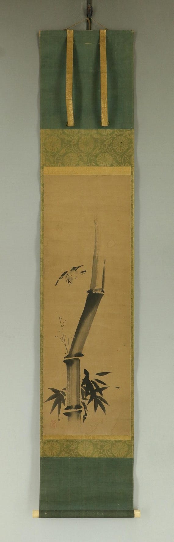 アンティーク掛け軸、水墨竹画、掛け物、竹と雀、禅美術、日本の骨董品