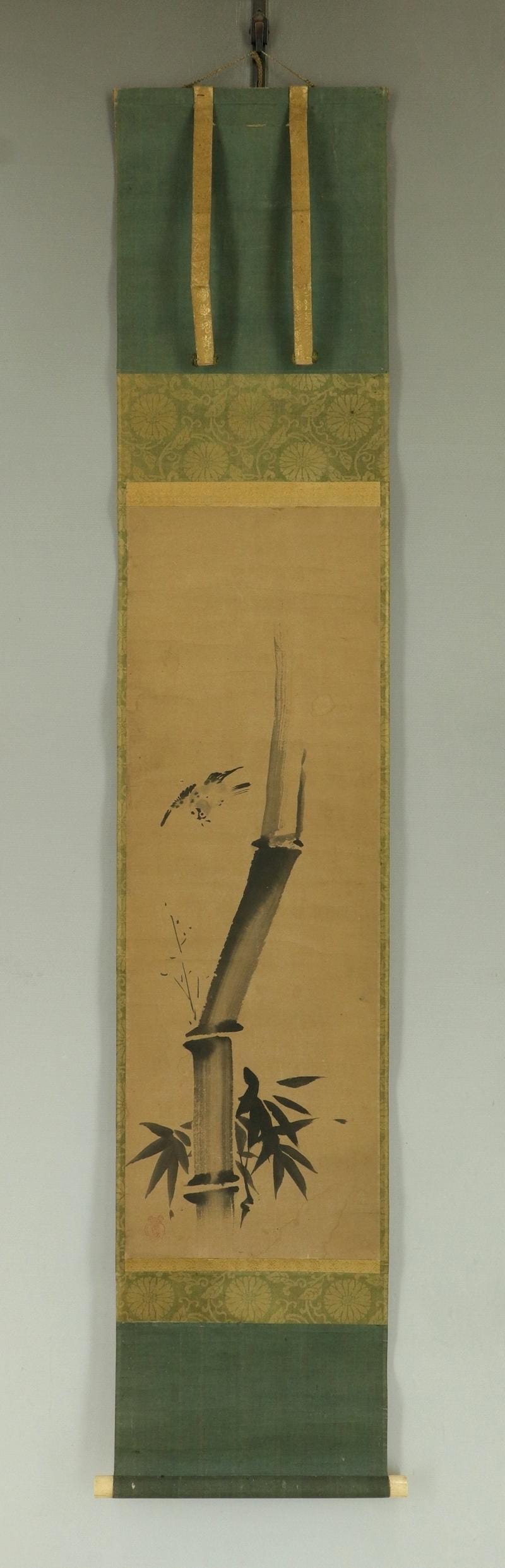 アンティーク掛け軸、水墨竹画、掛け物、竹と雀、禅美術、日本の骨董品
