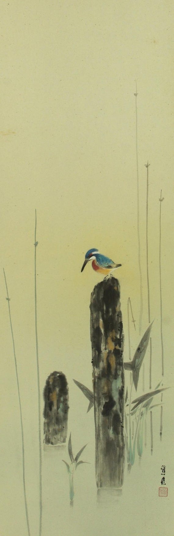 Vintage Japanese Hanging Scroll Kingfisher Painting Bird Art Asian