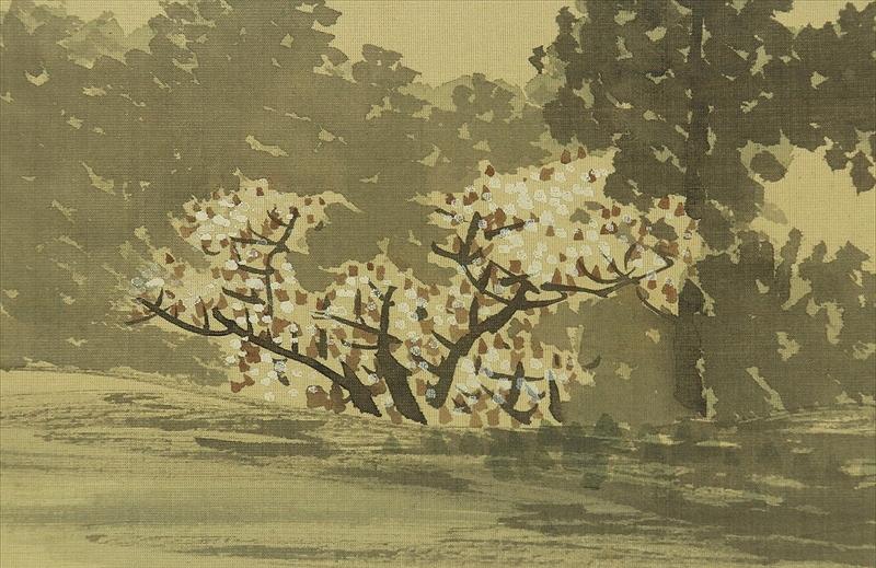 アンティーク 掛軸 桜と水墨画 春の風景画 墨絵 風景画 明治期 日本