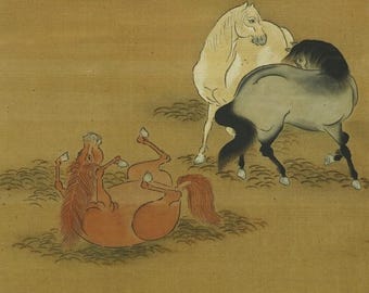 ペアアンティーク日本の壁アート、馬と牛の絵画、アジアの掛け軸セット