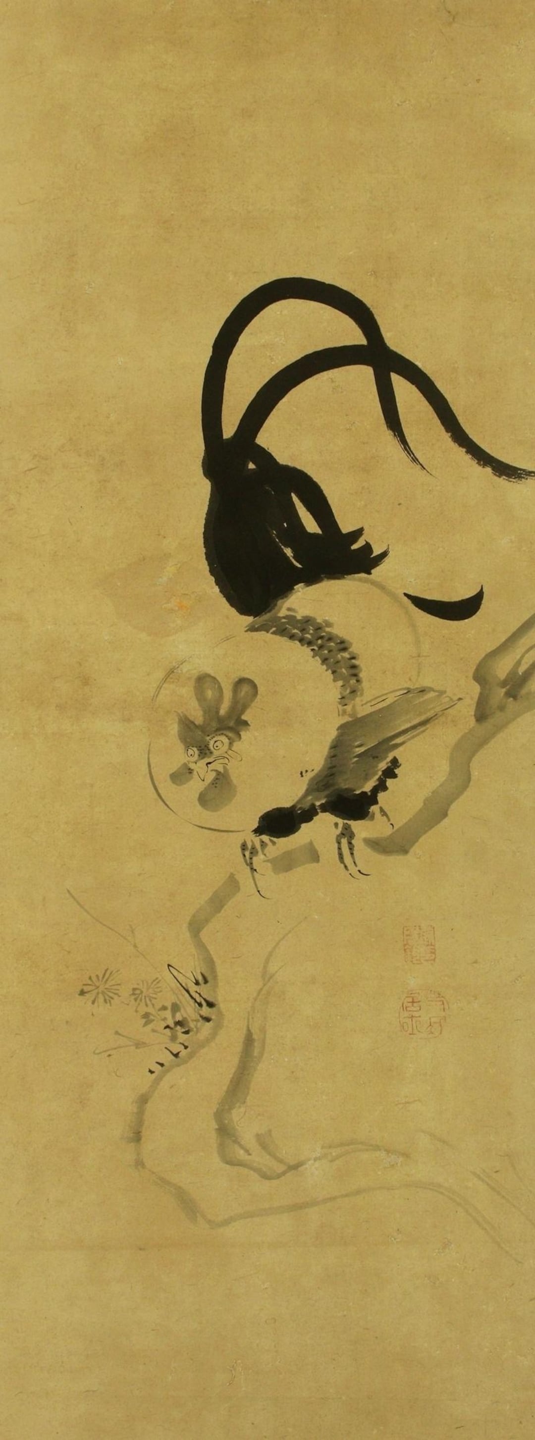 アンティークな日本の掛け軸、水墨画の雄鶏、伊藤若冲の絵画、江戸時代