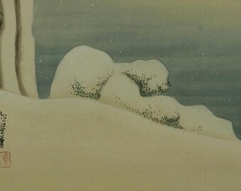 ヴィンテージ 日本の掛け軸 絵画 金閣寺 京都 雪景色 日本画 掛け軸
