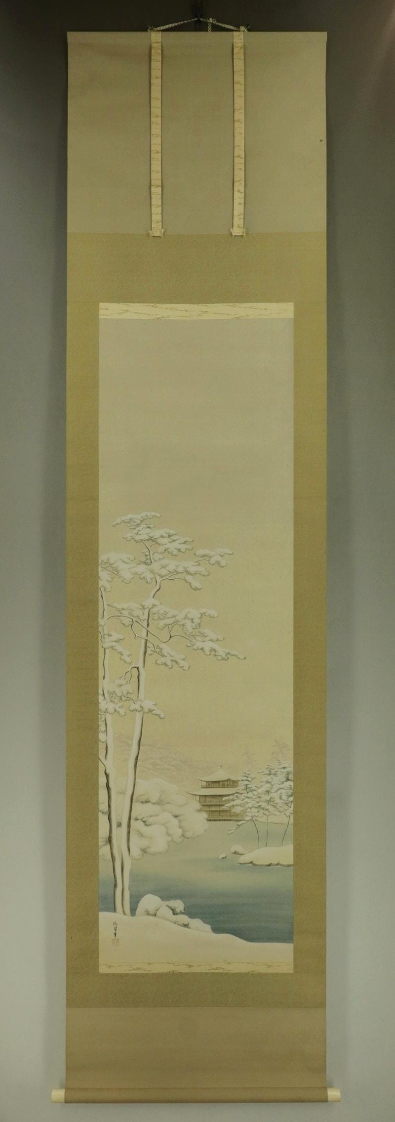 ヴィンテージ 日本の掛け軸 絵画 金閣寺 京都 雪景色 日本画 掛け軸