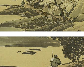 アンティーク 掛軸 桜と水墨画 春の風景画 墨絵 風景画 明治期 日本