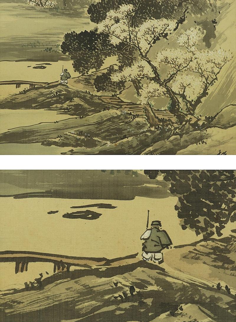 アンティーク 掛軸 桜と水墨画 春の風景画 墨絵 風景画 明治期 日本