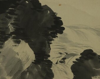 アンティークの日本の掛け軸、風景画、滝、山の絵、日本の掛け軸、水墨