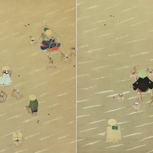 May include: A two-panel Japanese painting depicts figures in a landscape. People carry others on chairs, some wearing hats. The artwork features a muted color palette with a textured background and scattered red leaves, evoking a sense of movement.